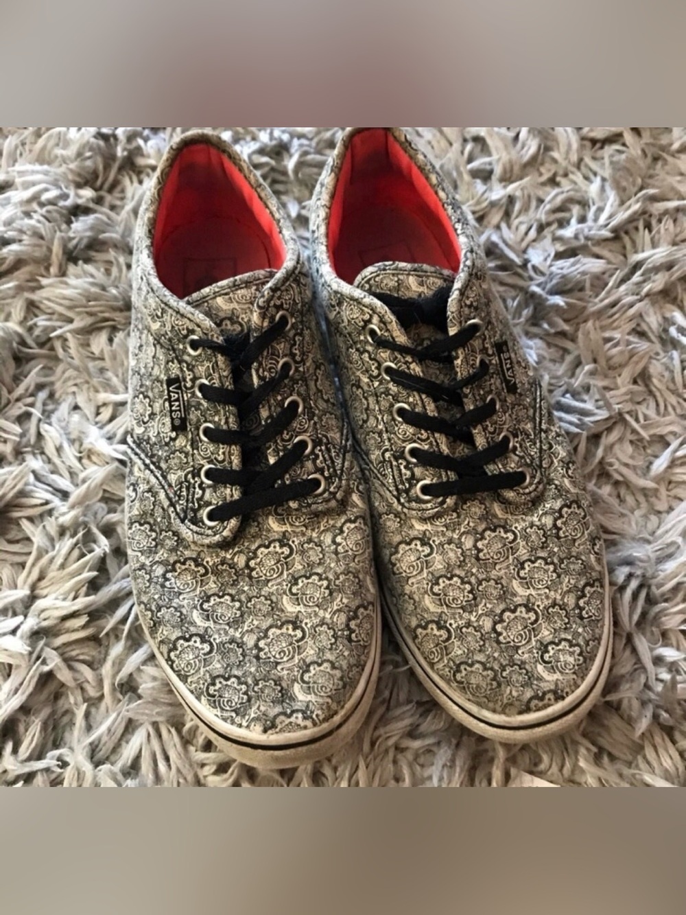 Vans Black & White Paisley Canvas Sneakers with coral Lining